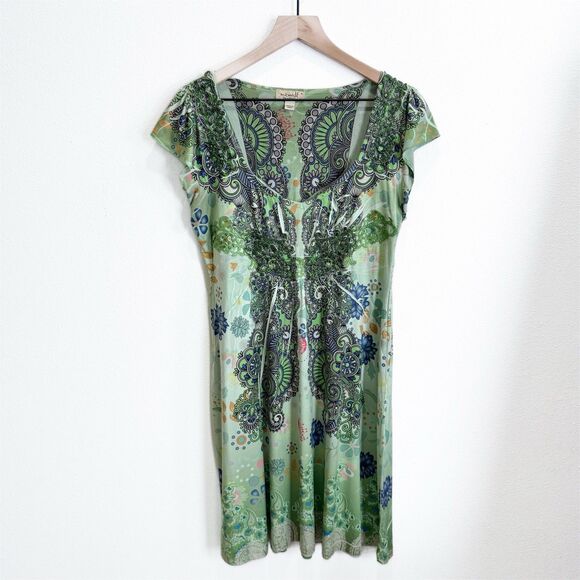 One World Dress Womens Medium Green Geometric Whimsigoth Fairy Grunge Artsy Boho - Picture 1 of 16